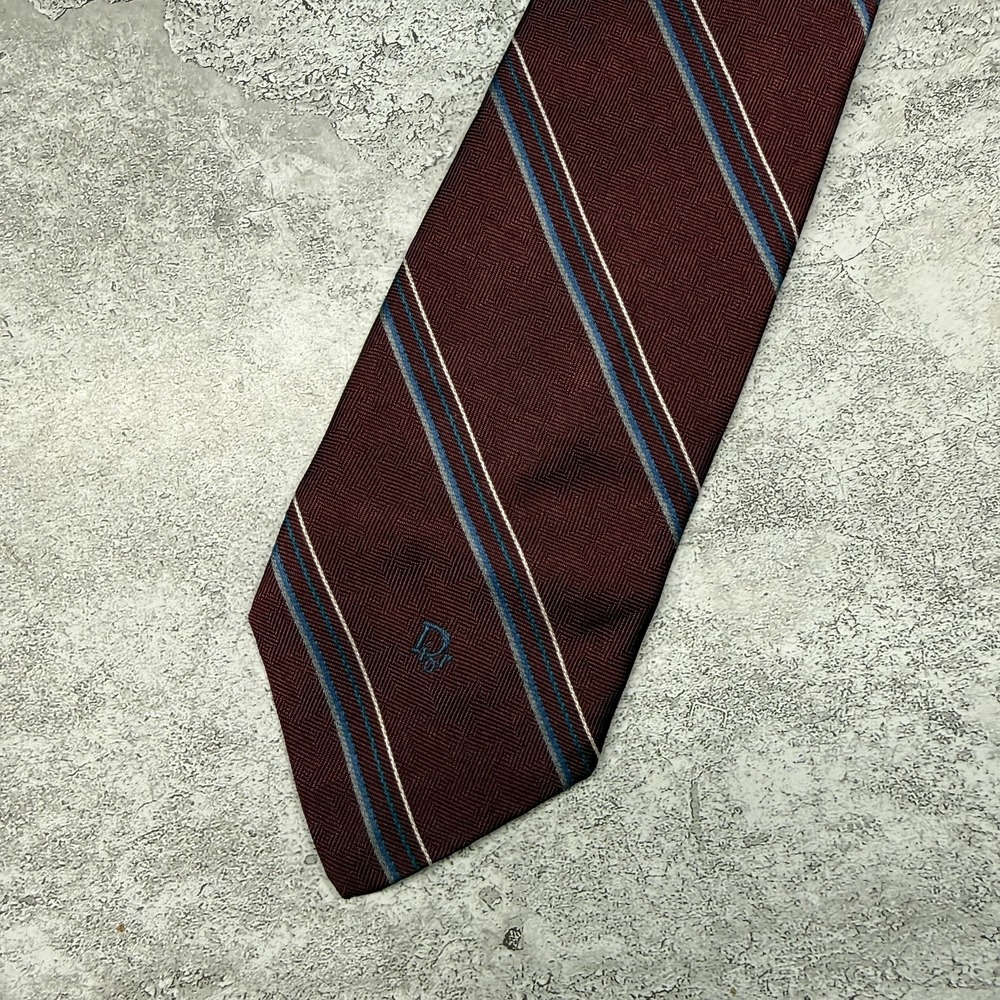 Christian Dior Silk Tie Mens One Size Red Striped Made In USA Designer Necktie